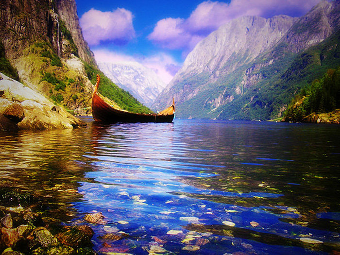 Пейзаж - небо, лодка, река, горы, деревья, вода, лес, природа - оригинал