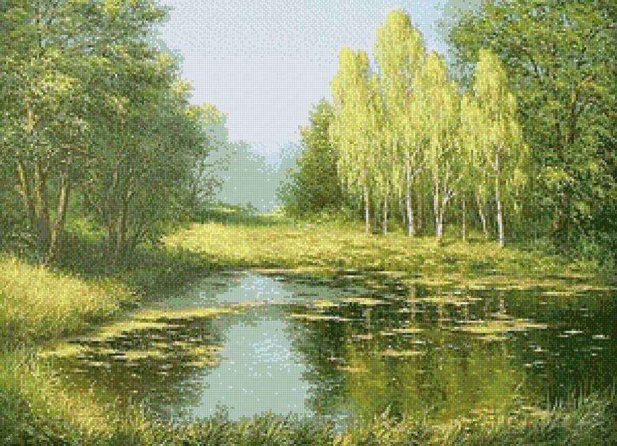 "Старый пруд" -2й вариант -большая-(Е. и М.  Иваненко) - лес, пейзаж, картины, лето, пруд, живопись - предпросмотр