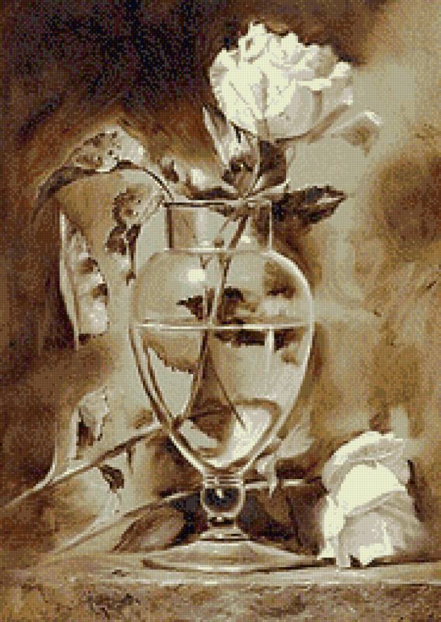 Белые розы - живопись, розы, монохром, ваза, цветы, сепия - предпросмотр