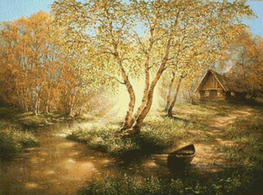 "Осенние лучи" (Е. и М. Иваненко) - живопись, пейзаж, осень, домики, картины, лес - предпросмотр