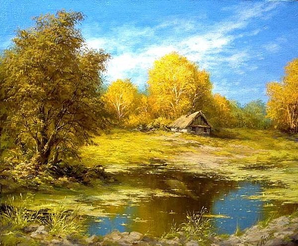 "Домик у пруда" (Е. и М. Иваненко) - осень, пейзаж, живопись, пруд, картины, домики - оригинал