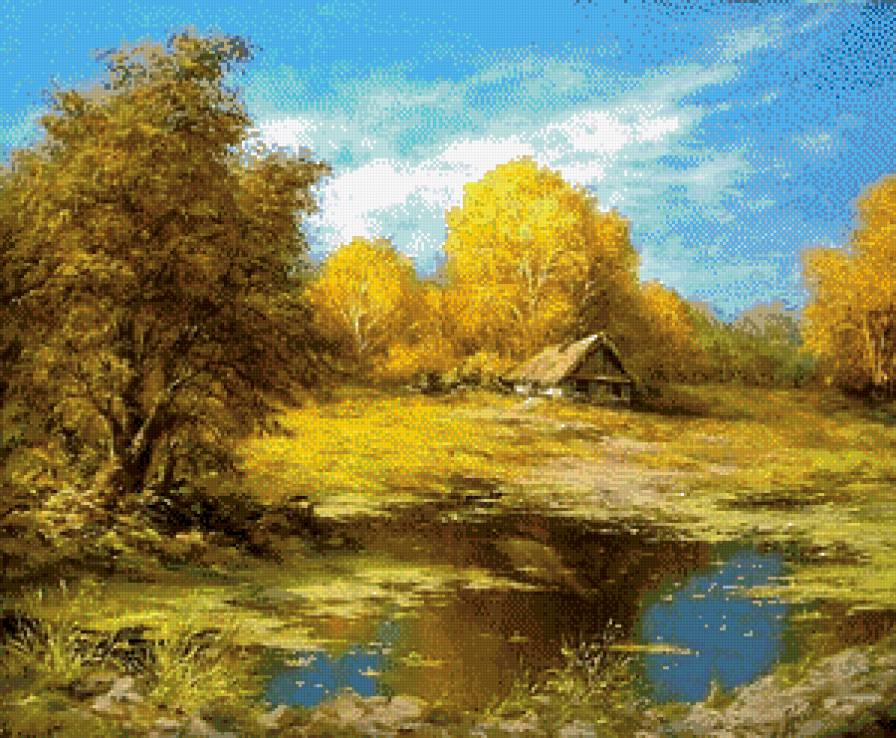 "Домик у пруда" (Е. и М. Иваненко) - картины, пейзаж, осень, живопись, домики, пруд - предпросмотр