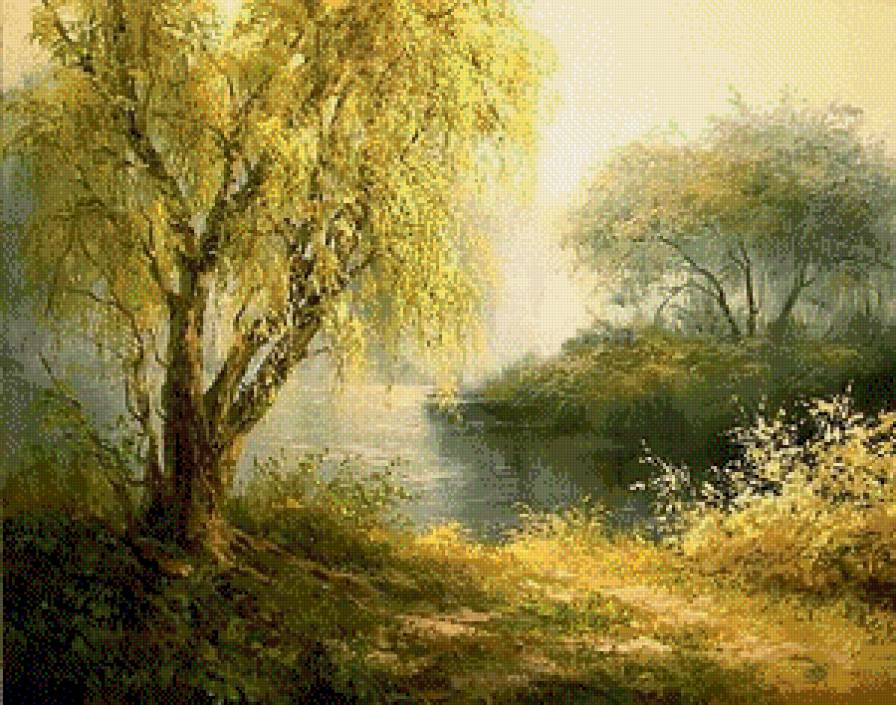 "Старая ива" (Е.и М. Иваненко) - живопись.картины, пруд, осень, пейзаж - предпросмотр