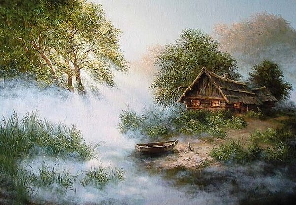 "Утренний туман" (Е.и М.Иваненко) - пейзаж, утро, лес, домики, туман, живопись, картины - оригинал