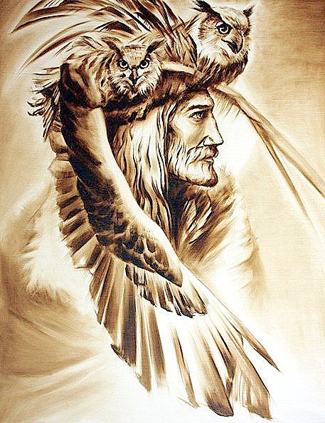 Лики севера - сова, живопись, воин, люди, птицы, монохром, сепия - оригинал