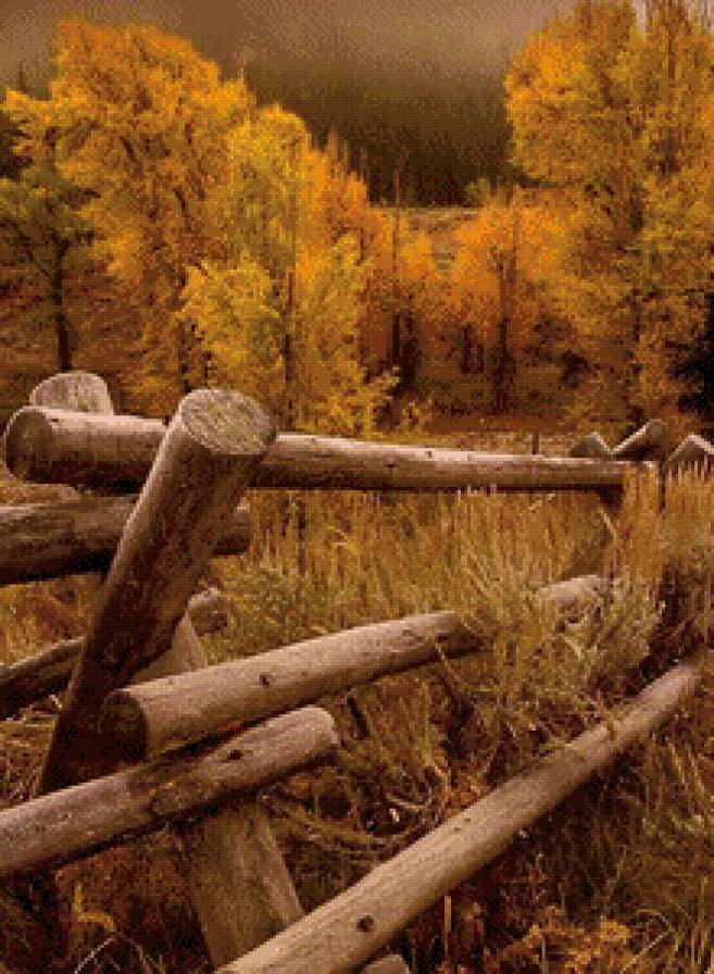 Осень - горы, лес, осень, забор, луг - предпросмотр