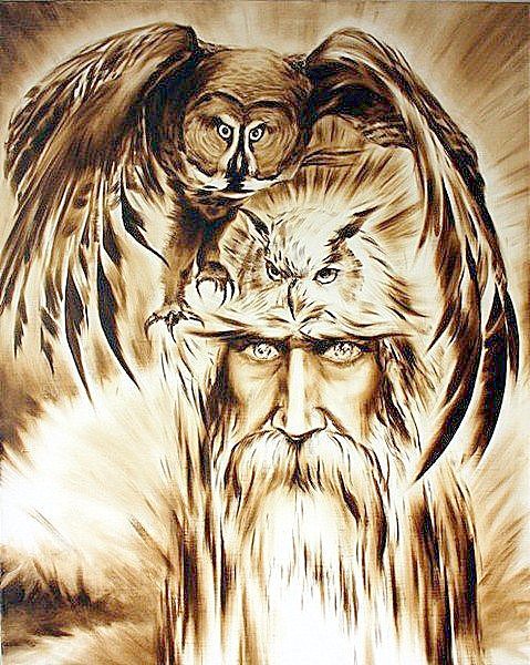 Лики севера - живопись, птицы, люди, филин, монохром, мужчина, воин - оригинал