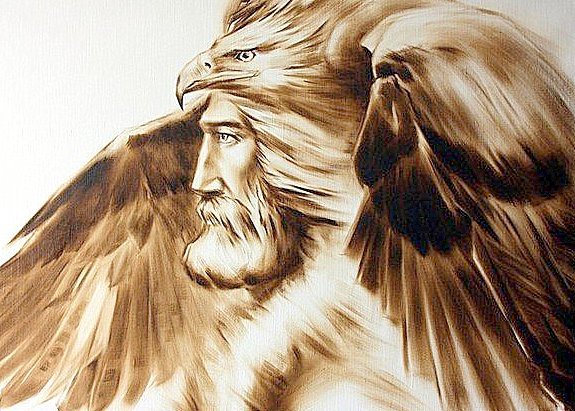 Лики севера - птицы, мужчина, воин, люди, монохром, живопись, орел - оригинал