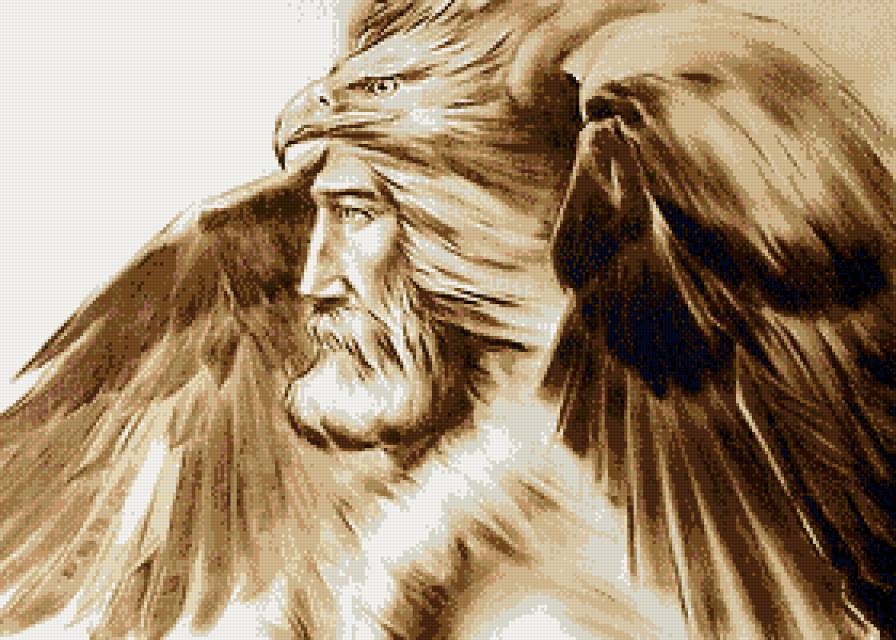 Лики севера - живопись, мужчина, орел, люди, птицы, монохром, воин - предпросмотр