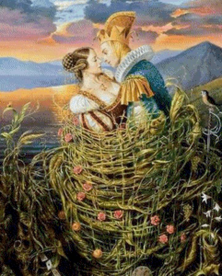 Свидание в плетеной корзине (сюрреализм) - свидание, романтика, живопись, пара, любовь, сюрреализм, поцел, картины - предпросмотр