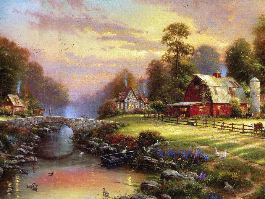 Томас Кинкейд - дом, река, природа, мост, картина - оригинал