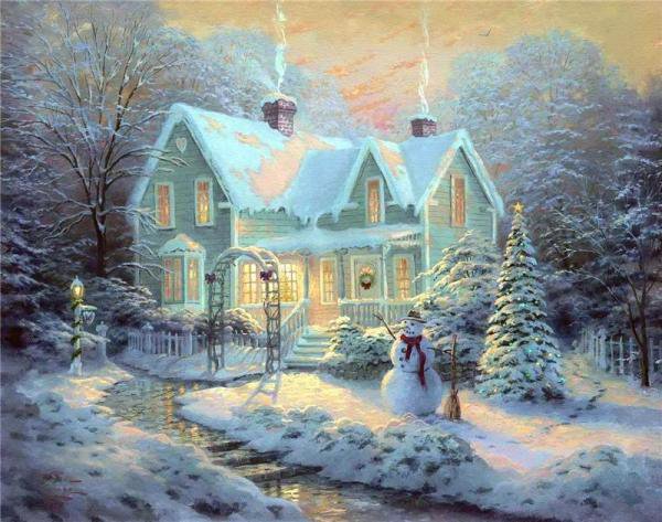домик со снеговиком - новый год, снеговик, зима, праздник, елка, снег, домик, рождество, дом - оригинал