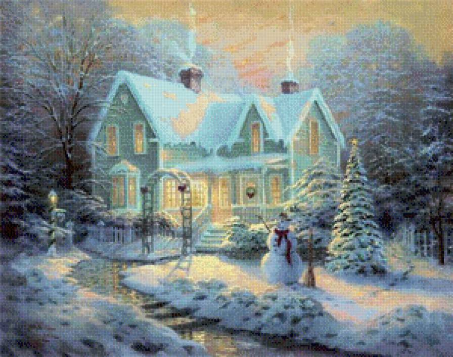 домик со снеговиком - снег, зима, домик, снеговик, елка, дом, рождество, новый год, праздник - предпросмотр