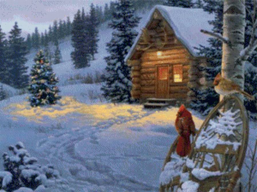 зима рождество - деревья, горы, лес, дерево, зима, домик, снег, избушка - предпросмотр