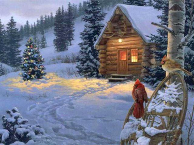 зима рождество - дерево, зима, избушка, домик, горы, деревья, лес, снег - оригинал