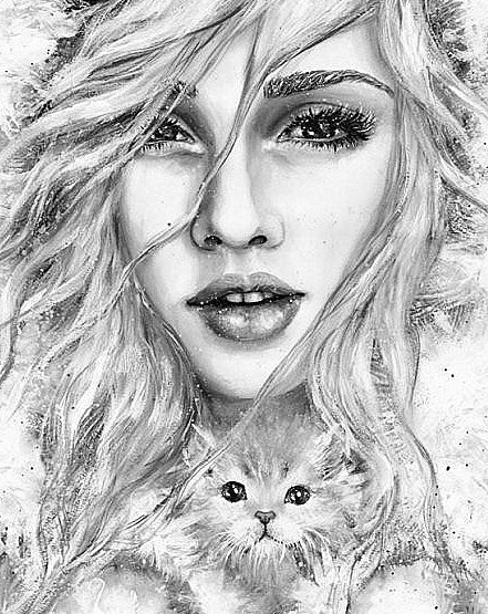 Девушка с котенком - котенок, зима, девушка, люди, животные, дама, монохром, кошки - оригинал