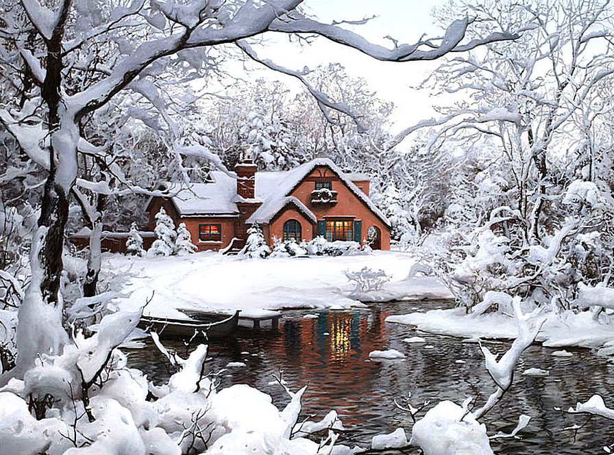 Пушистая зима - домик, зима, пейзаж, снег - оригинал