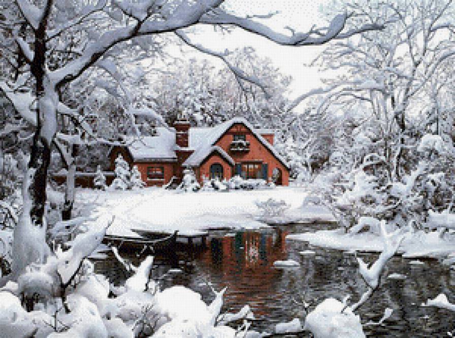 Пушистая зима - зима, снег, пейзаж, домик - предпросмотр