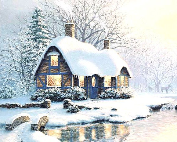 Зимний домик - домик, зима, снег, пейзаж - оригинал
