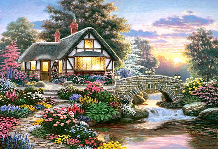 Домик, утопающий в цветах - домик, мост, пейзаж, река, цветы, сад - оригинал
