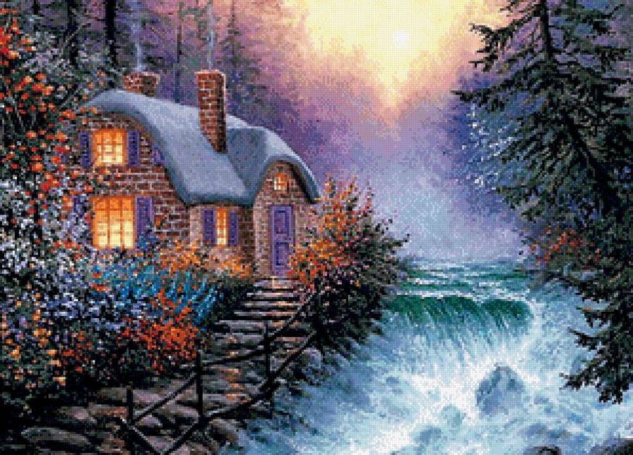 Домик у водопада - сад, водопад, река, домик, пейзаж, цветы - предпросмотр