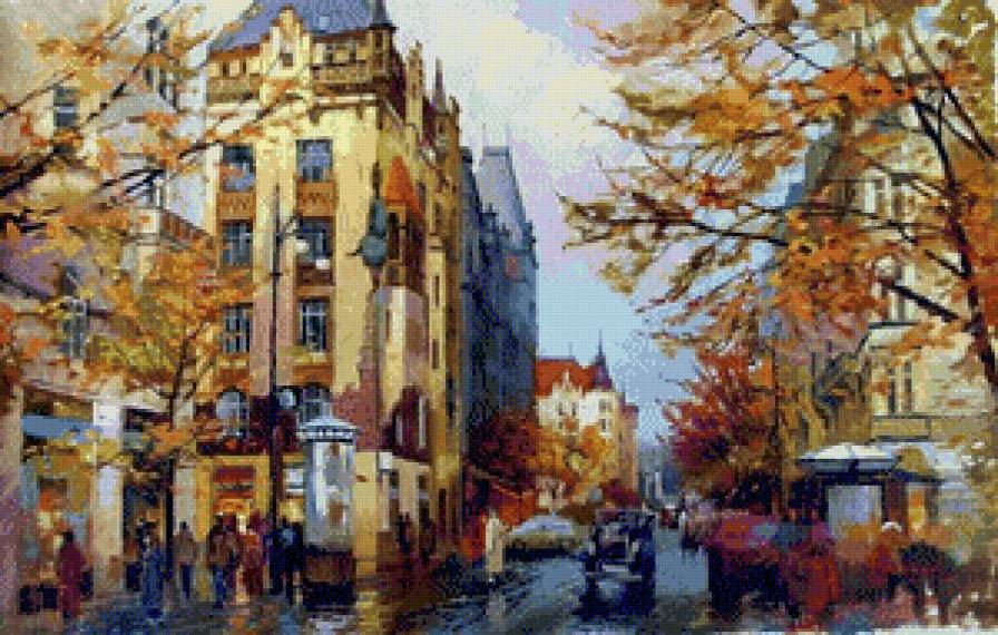 Осенний город - люди, осень, пейзаж, домик, город - предпросмотр