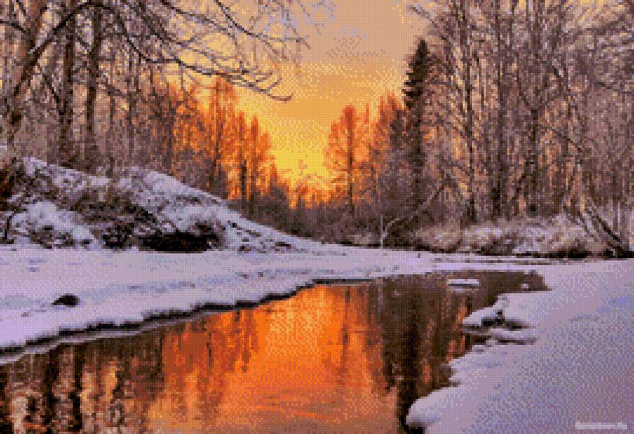 Оранжевый зимний закат. - снег, закат, река, лес, зима - предпросмотр