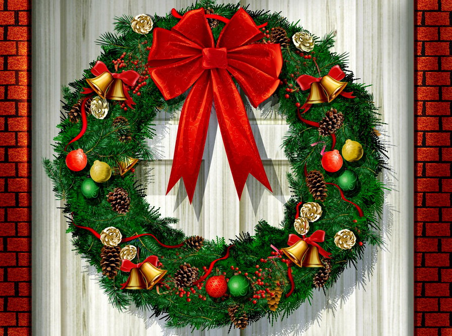 новогодний венок - елка, колокольчик, игрушки, дверь, шишка, бант - оригинал