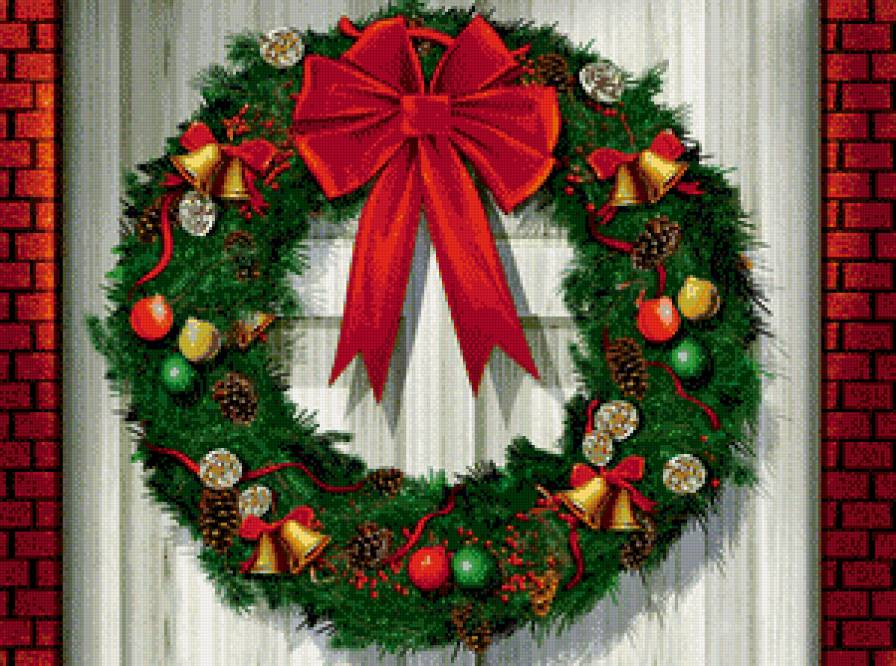новогодний венок - дверь, шишка, бант, игрушки, колокольчик, елка - предпросмотр