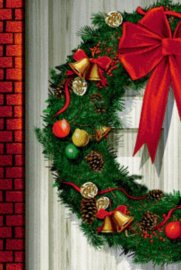 новогодний венок часть 1 - колокольчик, шишка, бант, игрушки, елка, дверь - предпросмотр