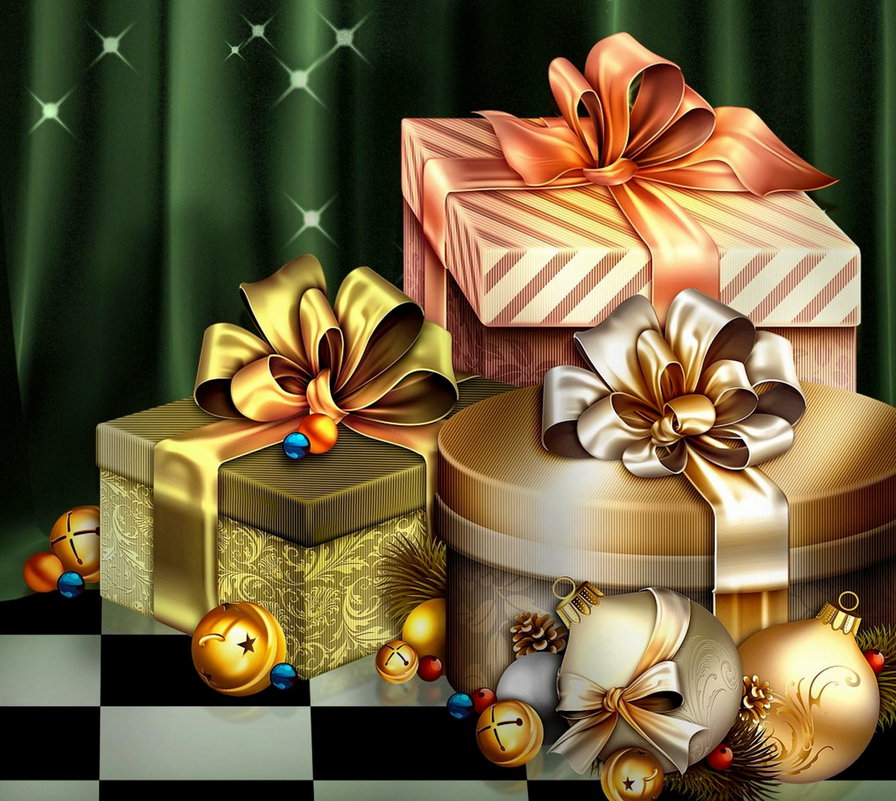 новогодние подарки - бант, игрушка, шар, коробка, колокольчик - оригинал