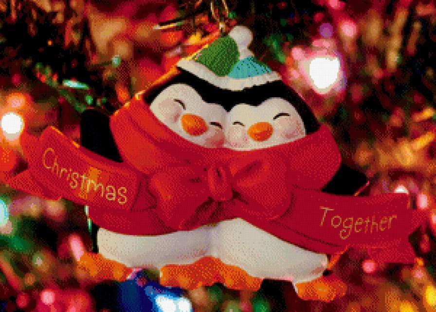 создаем  новогоднее настроение - пара, елка, игрушка, гирлянда, бант, пингвин - предпросмотр