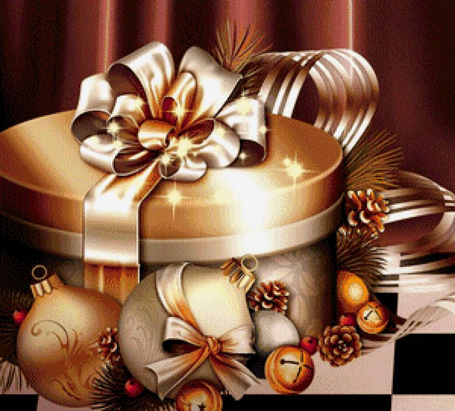 новогодний подарок - игрушка, колокольчик, коробка, шишка, шар, бант - предпросмотр