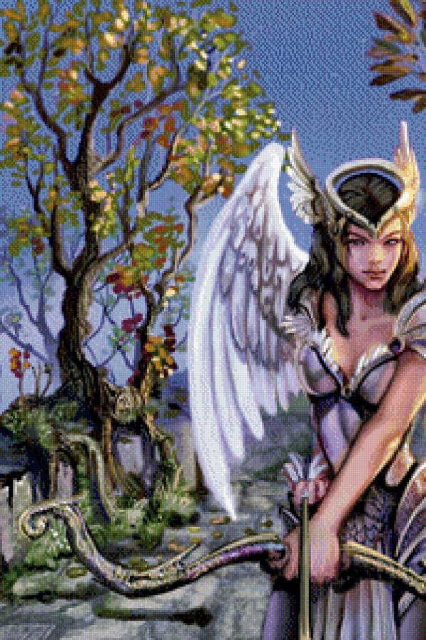 ангел с луком часть 1 - девушка, дорога, дерево, природа, крылья, живопись, женщина, картина - предпросмотр