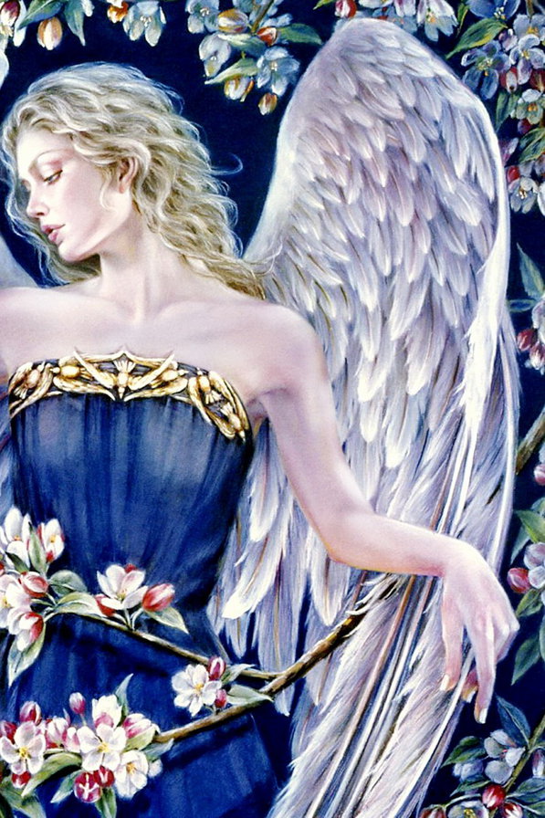 ангел и голубь часть 2 - девушка, крылья, картина, птица, фэнтези, живопись, женщина, цветы - оригинал