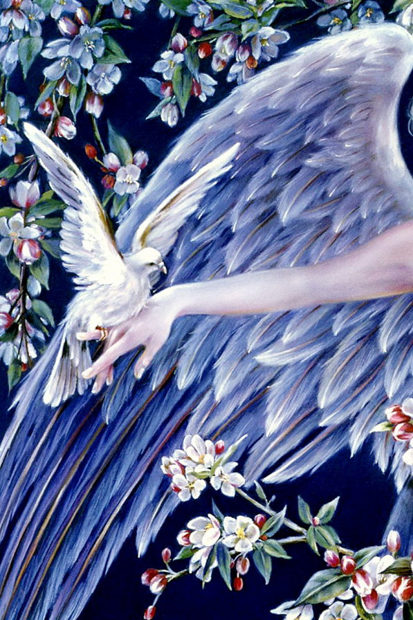 ангел и голубь часть 1 - женщина, фэнтези, картина, девушка, цветы, крылья, живопись, птица - оригинал