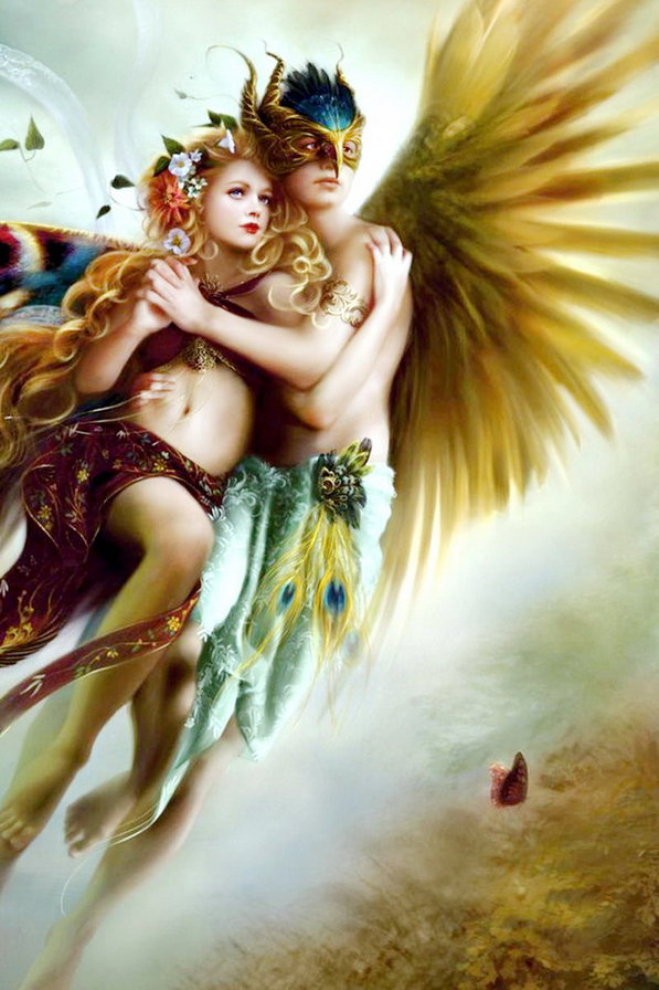 полет влюблённых часть 2 - крылья, ангел, бабочка, живопись, фэнтези, девушка, пара, парень - оригинал