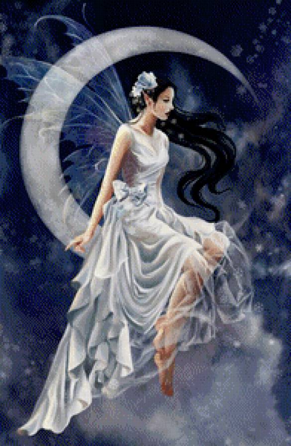 светлый ангел - луна, эльф, живопись, крылья, девушка, женщина, фэнтези - предпросмотр