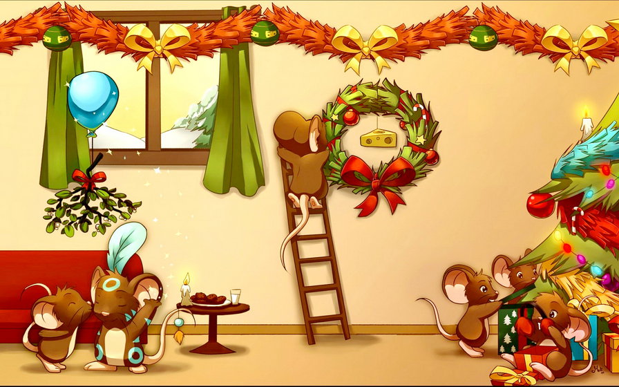 мышиный новый год - елка, бант, сыр, мышка, окно, подарок, венок, шар, гирлянда, дети, омела - оригинал