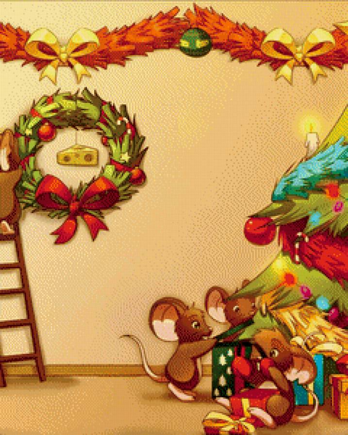 мышиный новый год часть 2 - окно, подарок, омела, дети, елка, гирлянда, бант, шар, мышка, сыр, венок - предпросмотр