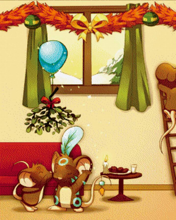 мышиный новый год часть 1 - дети, подарок, шар, бант, омела, сыр, венок, мышка, окно, гирлянда, елка - предпросмотр