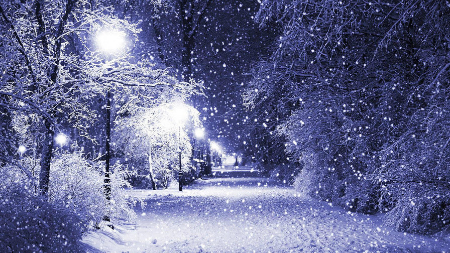 Зимний вечер. - снегопад, аллея, фонари, вечер, зима - оригинал