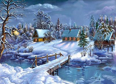 Зимушка - вечер, река, снег, синичка, домики, зима - оригинал