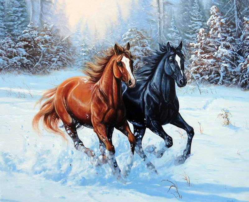 кони зимой - картина лошади - оригинал