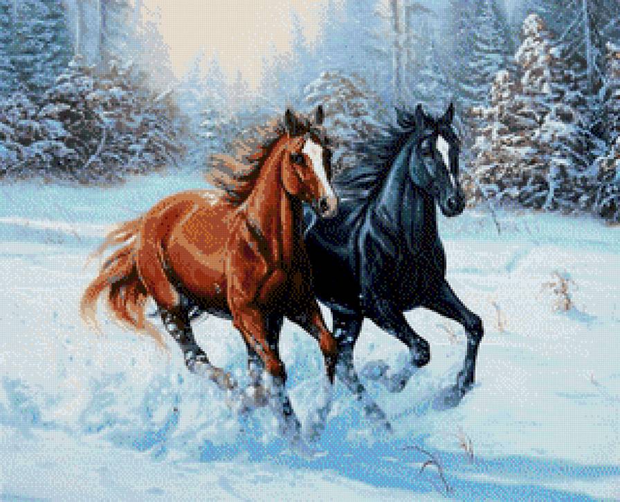 кони зимой - картина лошади - предпросмотр