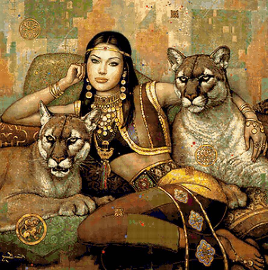 девушка с дикими зверями - звери, люди - оригинал