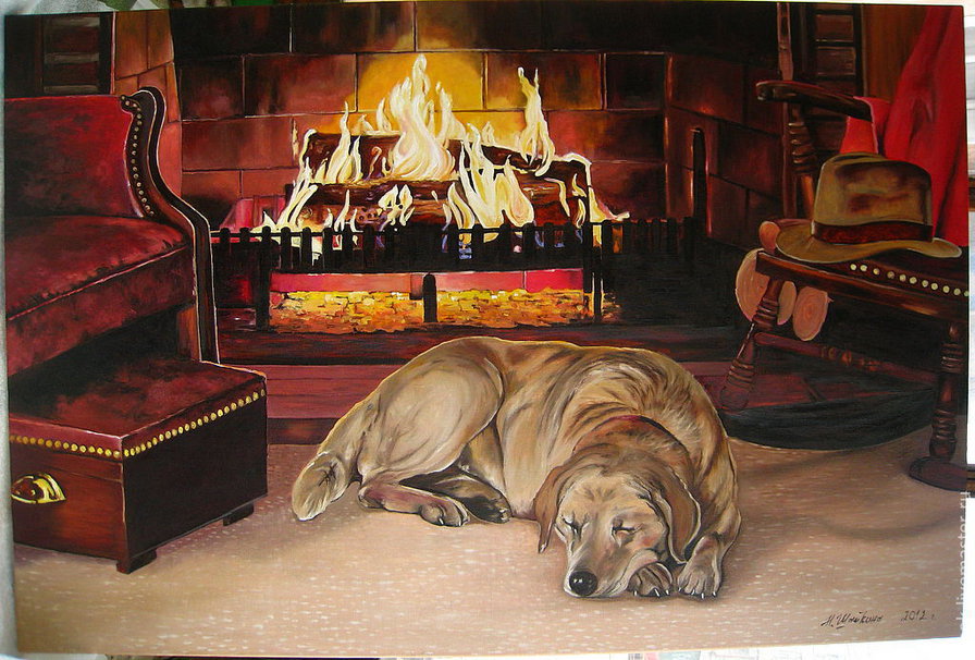 пес у камина - собака, животные, ожидание, камин - оригинал