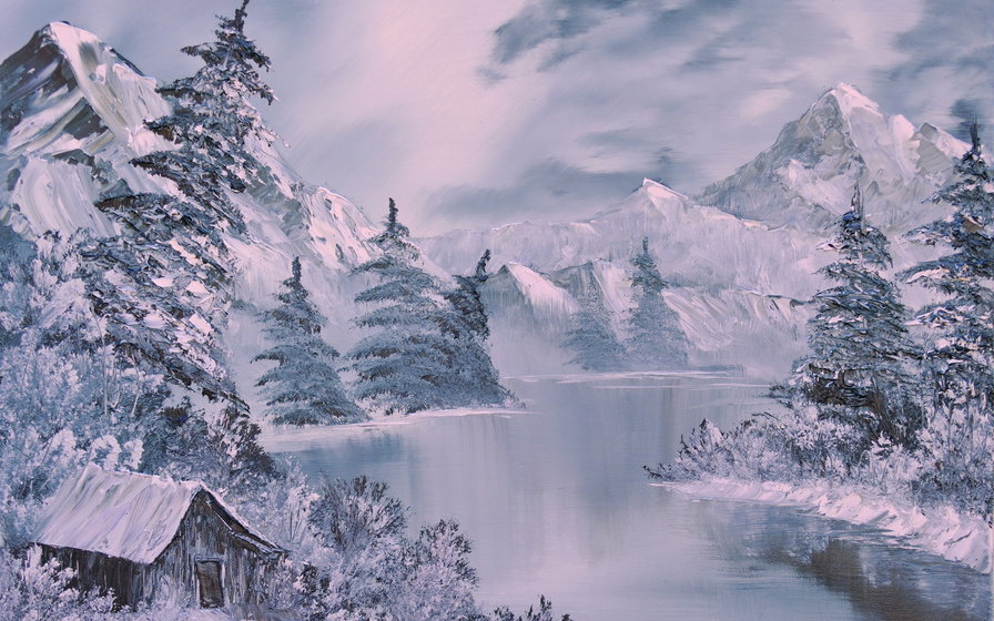 пейзаж горное озеро - озеро, горы, лес, заря, снег, домик, закат, пейзаж, восход, зима - оригинал