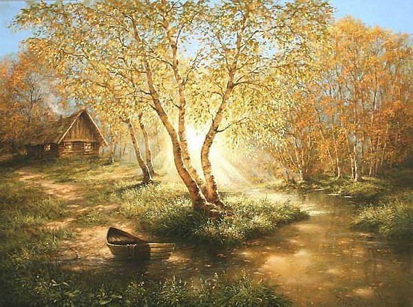 осень избушка у ручья - лодка, лес, река, деревья, береза, берег, ручкй, осень.домик, избушка - оригинал