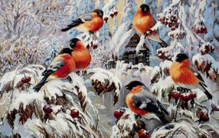 снегири на шиповнике - рождество, синички, дерево, снег, куст, снегири, калина, зима, шиповник - предпросмотр